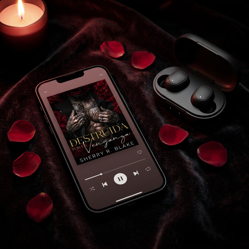Destruida Por La Venganza audiolibro - dark romance flat lay lifestyle - Sherry Blake