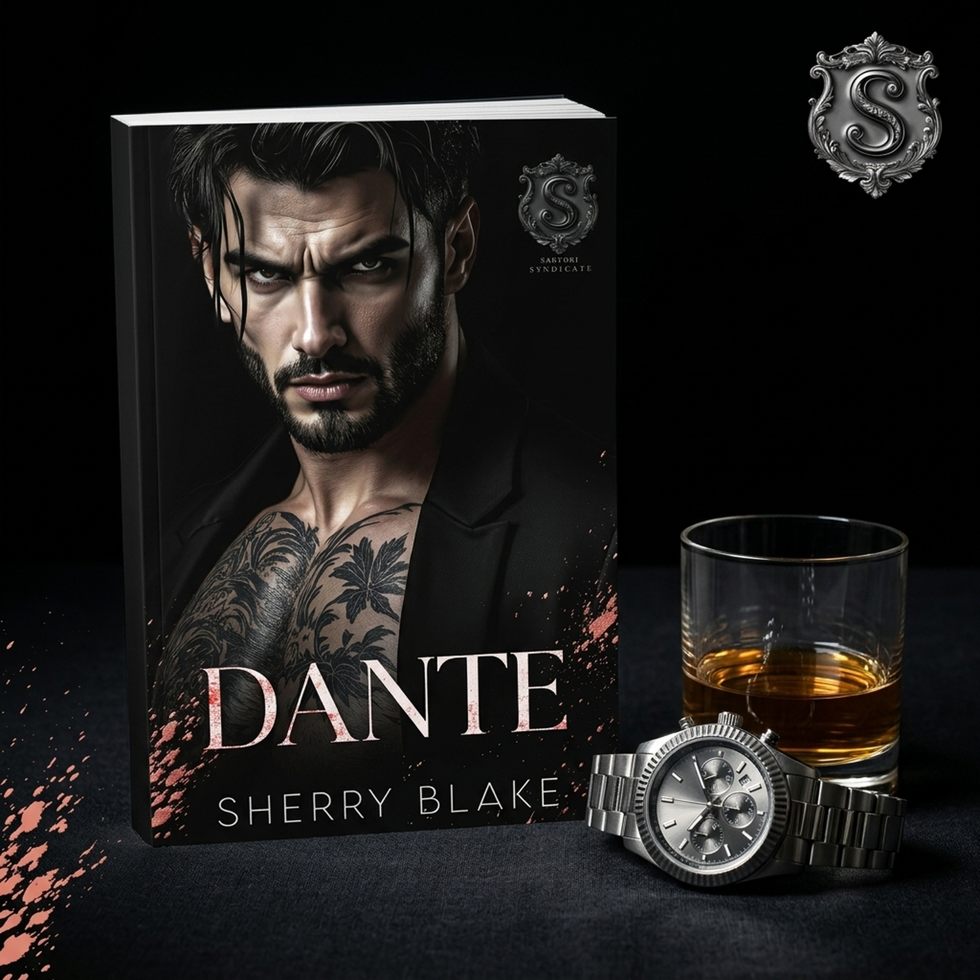 Dante by Sherry Blake with a luxury watch, dark mafia romance flat lay