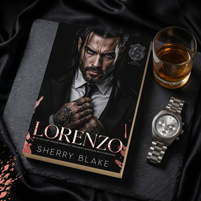 Lorenzo by Sherry Blake paperback with a watch, dark mafia romance flat lay
