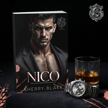 Nico by Sherry Blake paperback with a watch, dark mafia romance flat lay