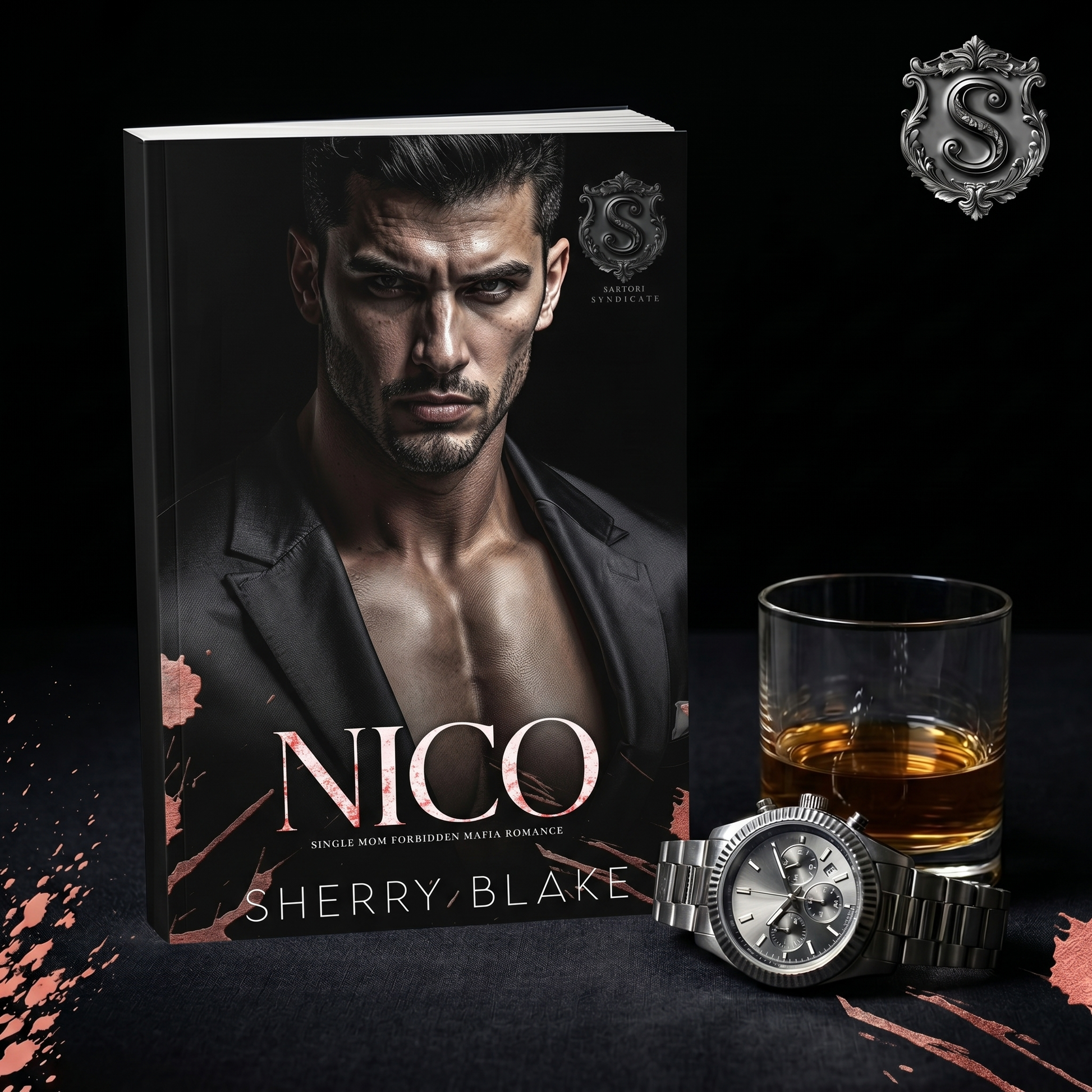 Nico by Sherry Blake paperback with a watch, dark mafia romance flat lay