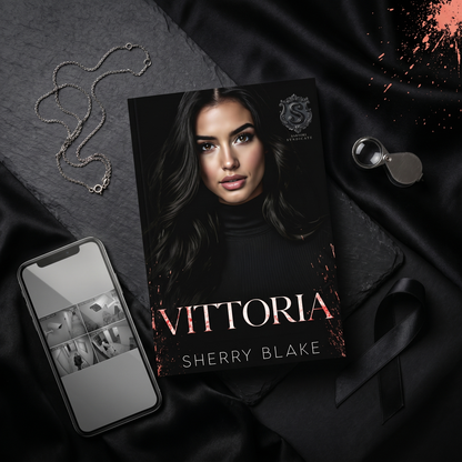 Vittoria by Sherry Blake with a phone showing surveillance cameras, dark mafia romance flat lay