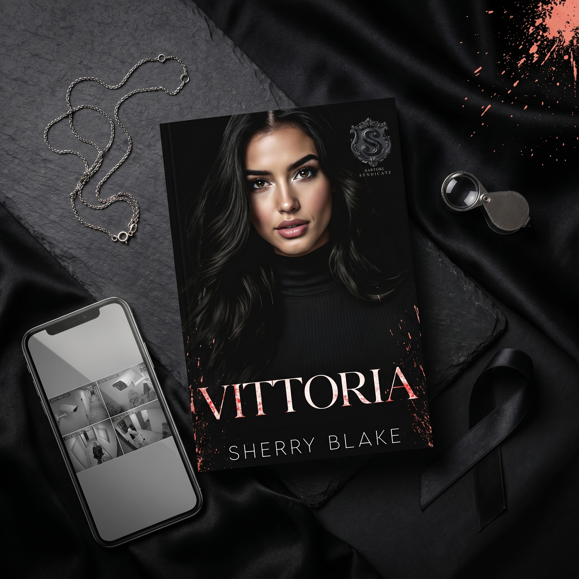 Vittoria von Sherry Blake mit Smartphone und Überwachungskameras, Dark-Mafia-Romance Flatlay